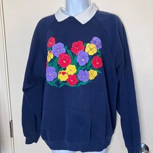 Vintage Blue Floral Barclay Square Hanes Sweatshirt With Collar Twee Size XL